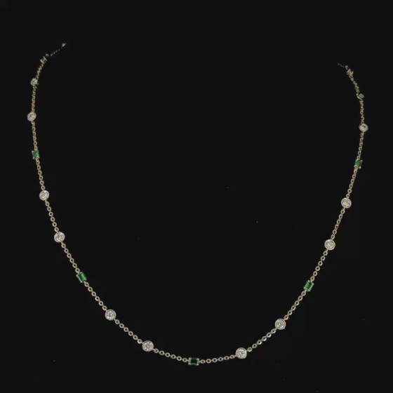 14k gold emerald & diamond bezel station necklace